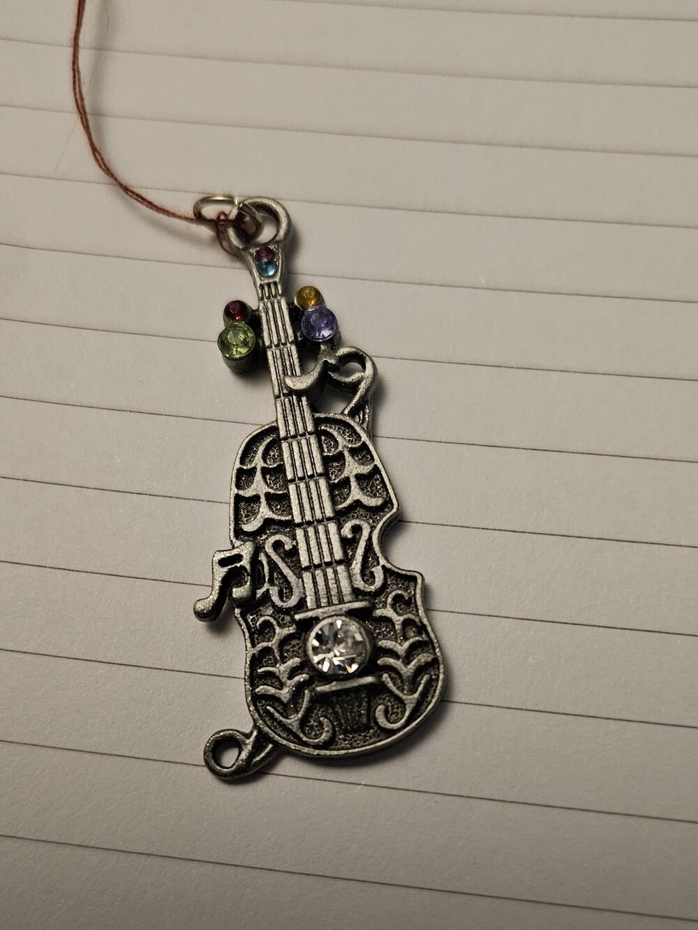 Silver Tone Violin Pendant Necklace with Multi-Color Rhinestones